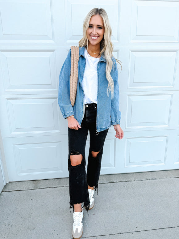 Myosotis Elastic Hem Collared Zip Up Denim Jacket