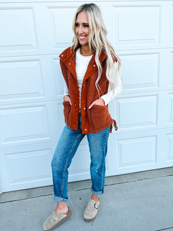 Cinnamon Faux Fur Snap Button Front Knot Side Plush Vest