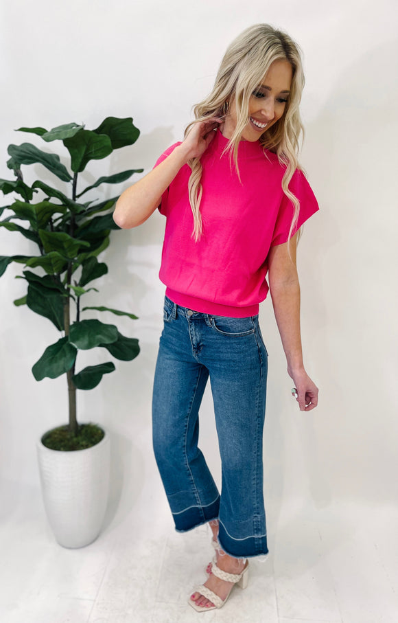 Hot Pink Short Sleeve Sweater Top