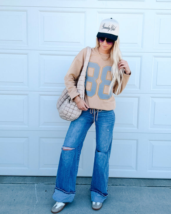 Khaki Drawstring Hem 88 Number Graphic Long Sleeve Top