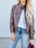 Chicory Coffee Flap Pocket Drawstring Hem Leather Jacket