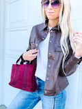Chicory Coffee Flap Pocket Drawstring Hem Leather Jacket