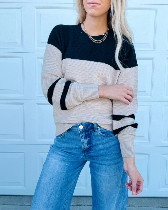 Parchment Colorblock Striped Sleeve Detail Knit Sweater