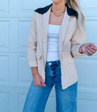 Parchment Contrast Leather Collar Textured Zip Up Jacket