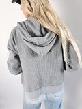 Gray Waffle Splicing Zip Up Front Button Hooded Jacket
