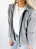 Gray Waffle Splicing Zip Up Front Button Hooded Jacket