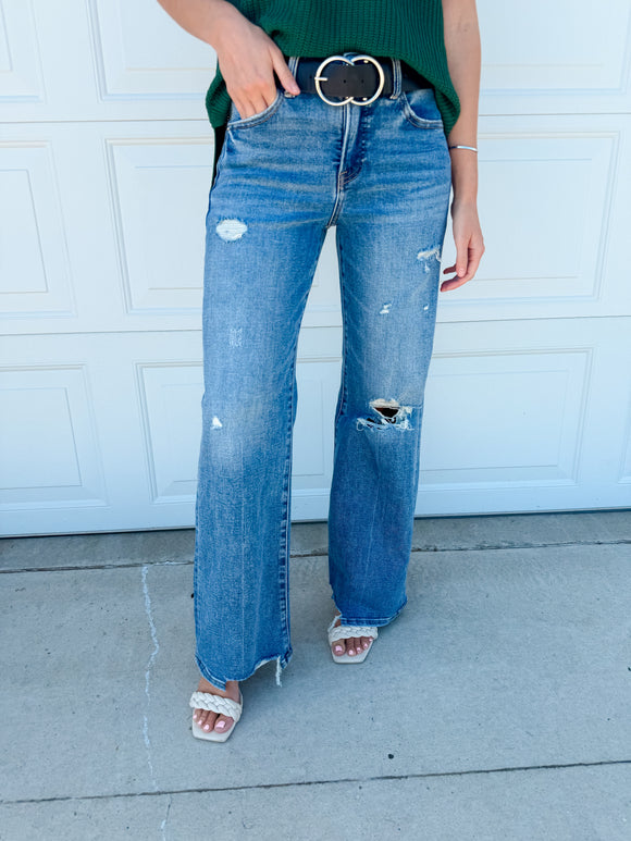 Medium Wash Mid Rise Wide Jeans