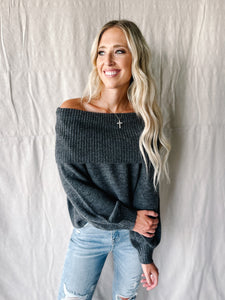 The Ellie Off Shoulder Charcoal Sweater