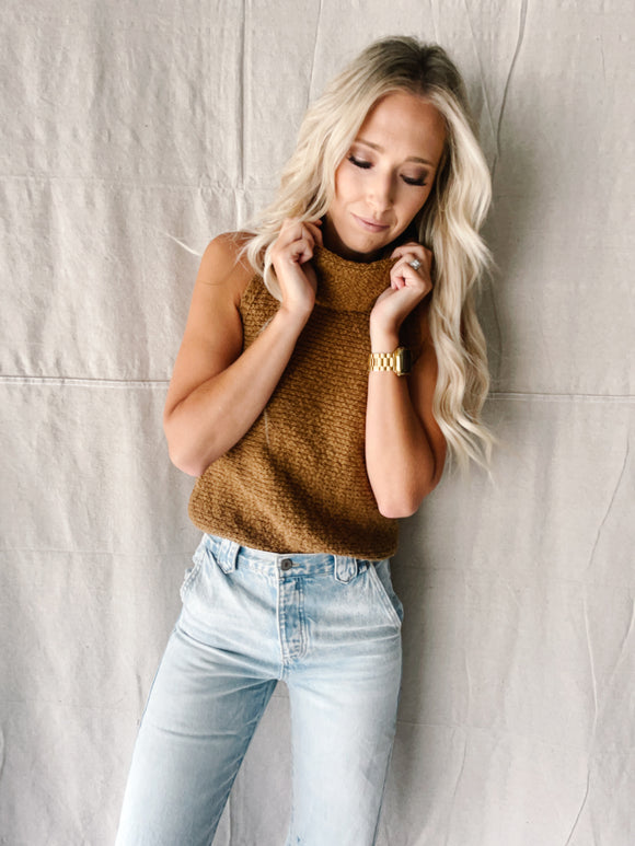 Camel Sleeveless Turtleneck Sweater