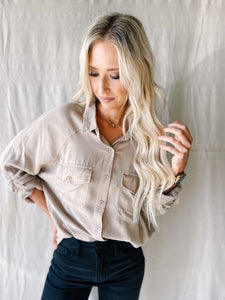 Legends Taupe Linen Button Top