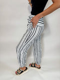 Black Stripe Geometric Print Drawstring Cuff Pants