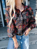 Black Floral Print Collared Button Up Puff Sleeve Shirt