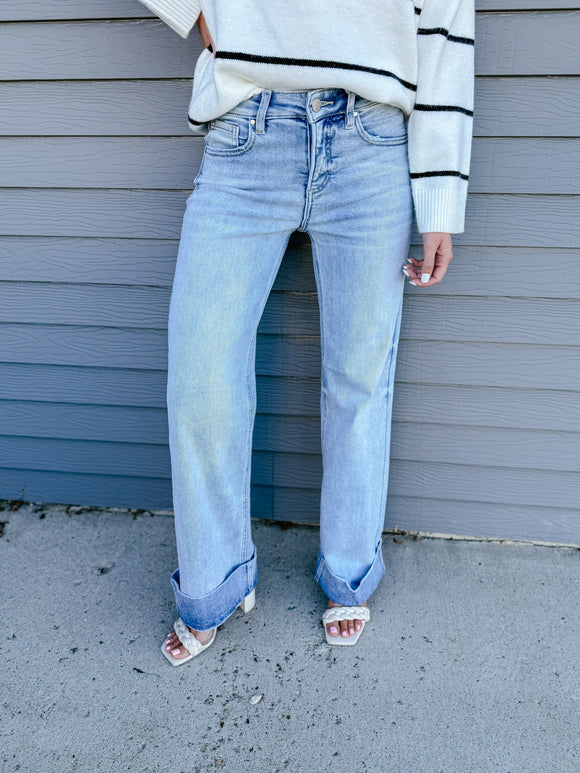 High Rise Ankle Wide Cuffed Jeans