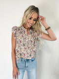 Red Boho Floral Frilled Button Neck Ruffle Short Sleeve Blouse