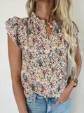 Red Boho Floral Frilled Button Neck Ruffle Short Sleeve Blouse
