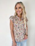 Red Boho Floral Frilled Button Neck Ruffle Short Sleeve Blouse