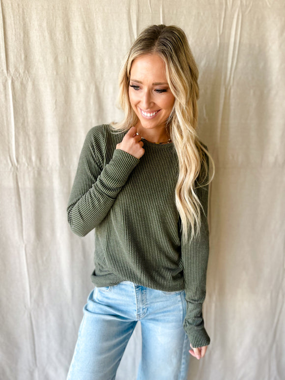 Not A Basic Ribbed Olive Long Sleeve Top