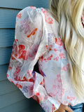 White Floral Print Buttoned Balloon Sleeve Loose Shirt