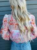 White Floral Print Buttoned Balloon Sleeve Loose Shirt