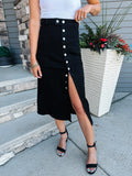 Black Button Fly Side Split High Waist Denim Midi Skirt