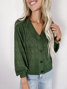 Green Lightweight Buttoned Front Crochet Cardigan