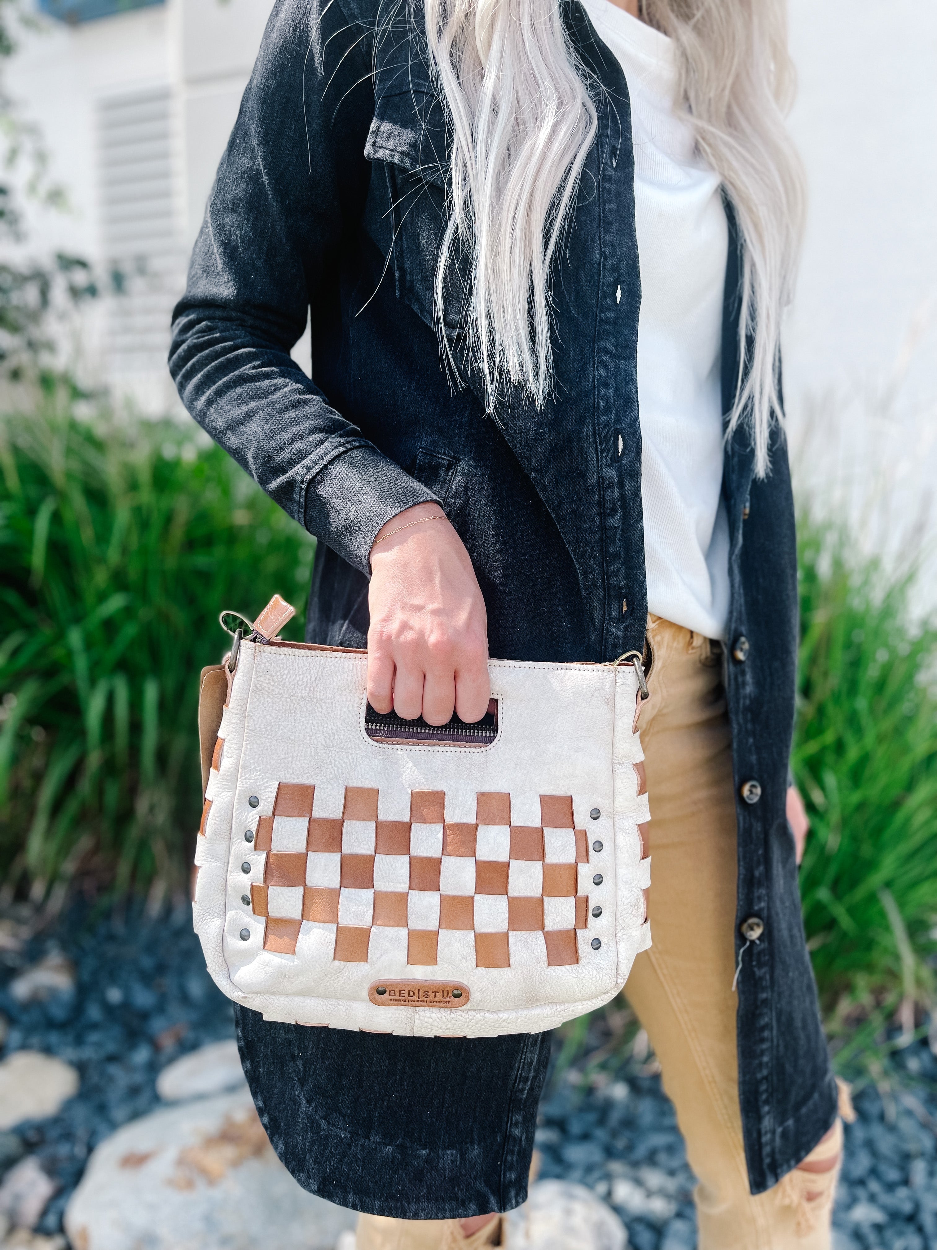 Bed Stu Keiki Leather Woven Checkered Crossbody Bag