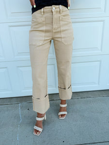 High Rise Wide Straight Cuffed Patch Jeans