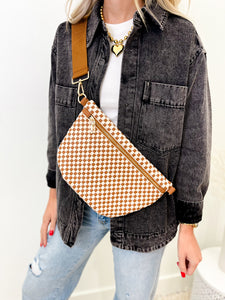 Brown Checkered Woven Bum Bag