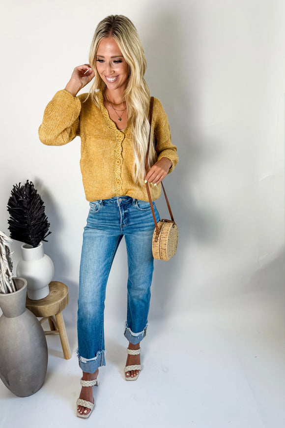 Light French Beige Lantern Sleeve Scallop V Neck Buttoned Front Cardigan