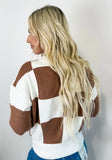 Khaki Checkered Pattern Button V Neck Ribbed Knit Cardigan