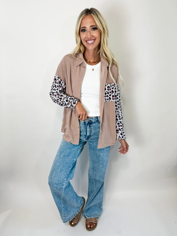 Dark Khaki Leopard Patchwork Twisted Ribbed Casual Shacket