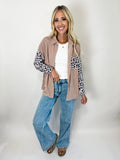 Dark Khaki Leopard Patchwork Twisted Ribbed Casual Shacket
