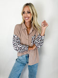 Dark Khaki Leopard Patchwork Twisted Ribbed Casual Shacket