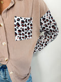 Dark Khaki Leopard Patchwork Twisted Ribbed Casual Shacket