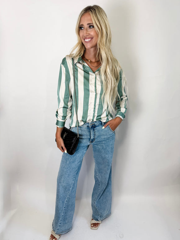 Green Striped Soft Relaxed Button Up Shirt