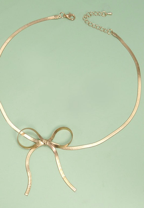 Herringbone Chain Bow Necklace Gold