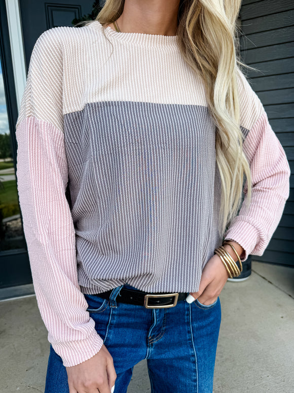 Multicolor Colorblock Ribbed Loose Long Sleeve Top