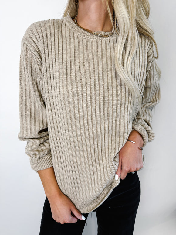 Curved Hem Two-Tone Ribbed Sweater