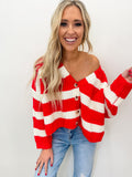 Red/ White Stripe Button Cardigan