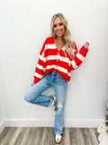 Red/ White Stripe Button Cardigan