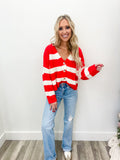 Red/ White Stripe Button Cardigan