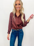 Teyah Chocolate Satin Buttondown Shirt