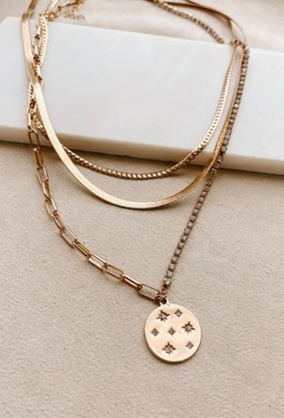 Gold Pendant 3 Chain Necklace